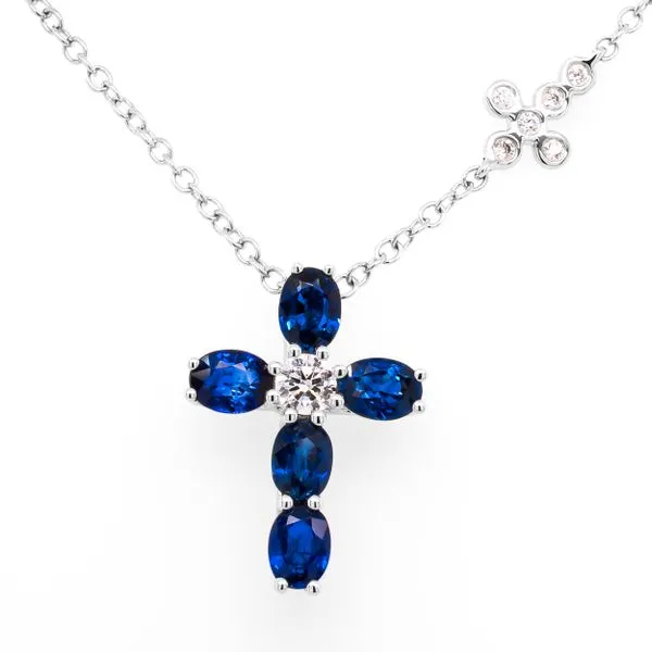 18K White Gold Sapphire Diamond Cross Necklace LeeBrant Jewelry & Watch Co Sandy Springs, GA