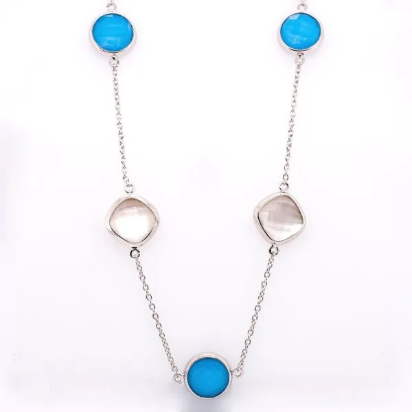 Sterling Silver Mother of Pearl and Truquoise Bezel Set Cable Link Necklace Image 2 LeeBrant Jewelry & Watch Co Sandy Springs, GA