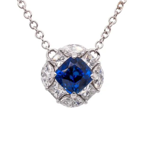 18K White Gold Square Diamond Sapphire Station Pendant Necklace LeeBrant Jewelry & Watch Co Sandy Springs, GA