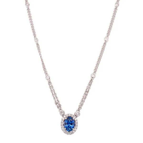 18K White Gold Sapphire Oval Diamond Double Chain Pendant Necklace LeeBrant Jewelry & Watch Co Sandy Springs, GA