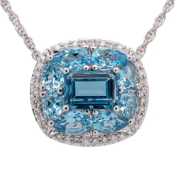 14K White Gold Varied Blue Topaz Diamond East to West Pendant Necklace LeeBrant Jewelry & Watch Co Sandy Springs, GA