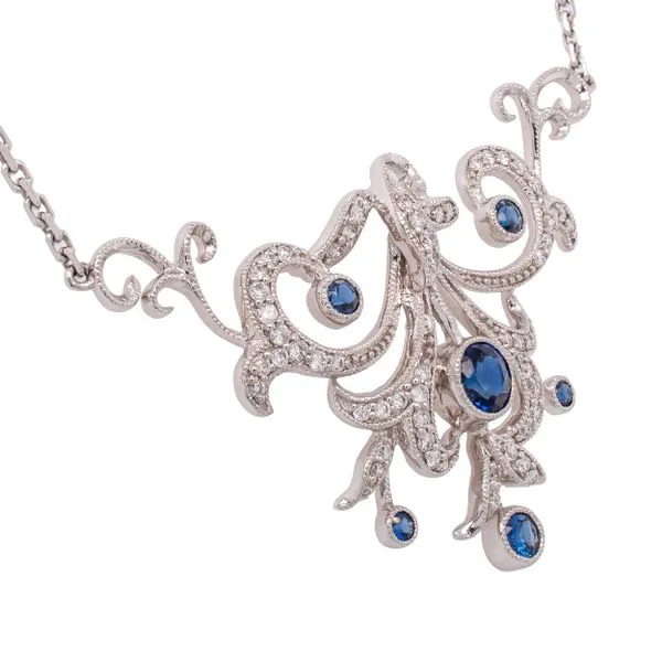 14K White Gold Sapphire Diamond Antique Station Pendant Necklace Image 2 LeeBrant Jewelry & Watch Co Sandy Springs, GA