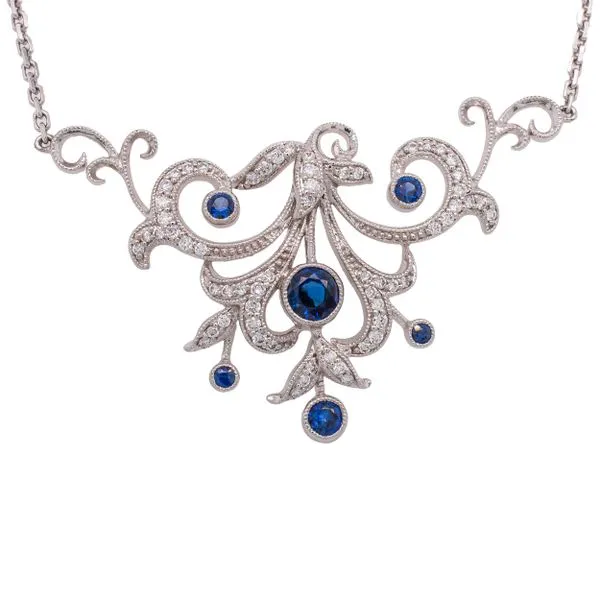 14K White Gold Sapphire Diamond Antique Station Pendant Necklace LeeBrant Jewelry & Watch Co Sandy Springs, GA