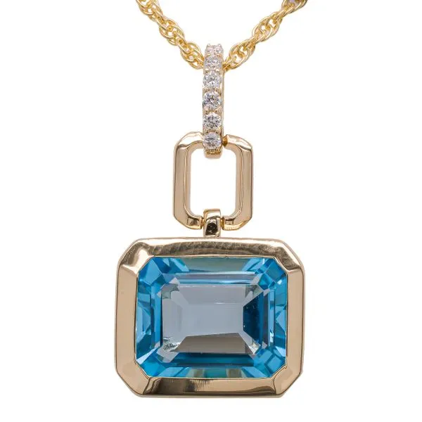 14K Yellow Gold Emerald Cut Blue Topaz East to West Geometric Diamond Necklace LeeBrant Jewelry & Watch Co Sandy Springs, GA