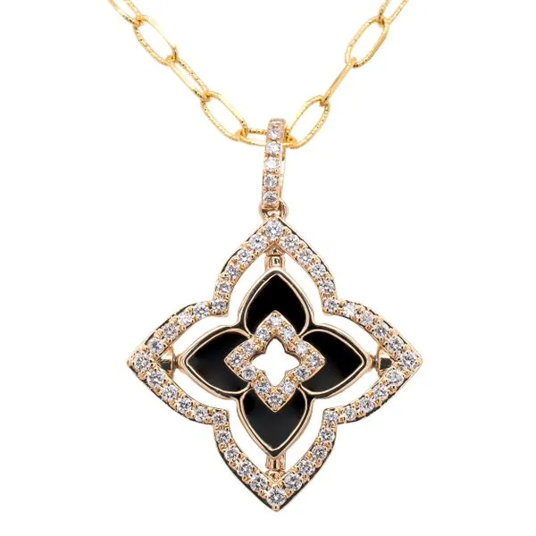 14K Yellow Gold Onyx Diamond Flower Paper Clip Necklace Image 2 LeeBrant Jewelry & Watch Co Sandy Springs, GA