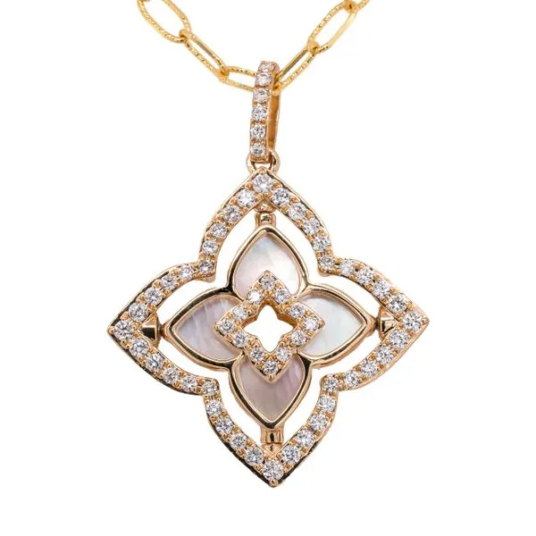 14K Yellow Gold Mother of Pearl Flower Diamond Paperclip Necklace Image 2 LeeBrant Jewelry & Watch Co Sandy Springs, GA