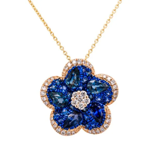 14K Yellow Gold Sapphire Flower Diamond Pendant Necklace LeeBrant Jewelry & Watch Co Sandy Springs, GA