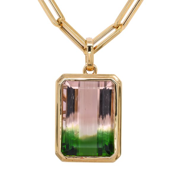 18K Yellow Gold Watermelon Tourmaline on a 18in Paperclip Chain Image 2 LeeBrant Jewelry & Watch Co Sandy Springs, GA
