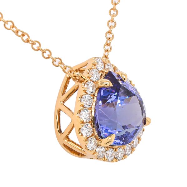 18K Yellow Gold Pear Tanzanite Diamond Halo Pendant Necklace Image 2 LeeBrant Jewelry & Watch Co Sandy Springs, GA