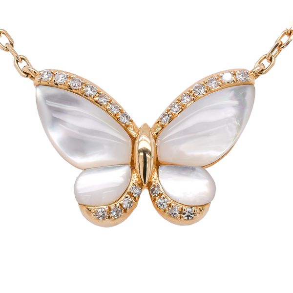 14K Yellow Gold Mother of Pearl Diamond Butterfly Station Necklace LeeBrant Jewelry & Watch Co Sandy Springs, GA