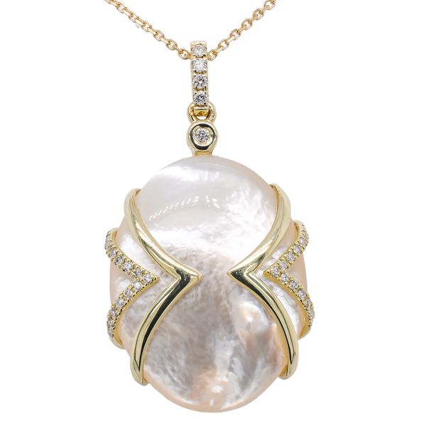 14K Yellow Gold Mother of Pearl Diamond Cage Pendant Necklace 16in LeeBrant Jewelry & Watch Co Sandy Springs, GA