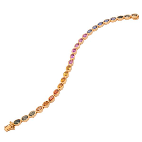 18K Yellow Gold Oval Bezel Set Rainbow Fancy Sapphire Bracelet Image 2 LeeBrant Jewelry & Watch Co Sandy Springs, GA