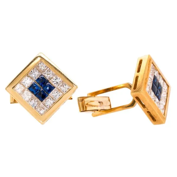 18K Yellow Gold Square Sapphire Diamond Cufflinks LeeBrant Jewelry & Watch Co Sandy Springs, GA