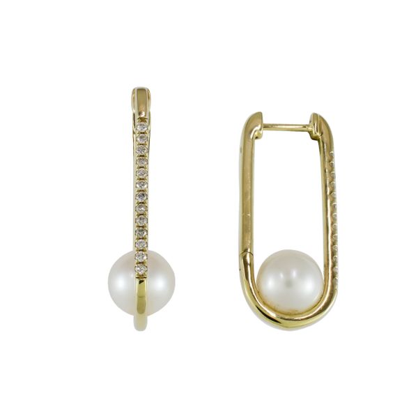 14K Yellow Gold Diamond Rectangle Pearl Cradle Earrings Image 2 LeeBrant Jewelry & Watch Co Sandy Springs, GA