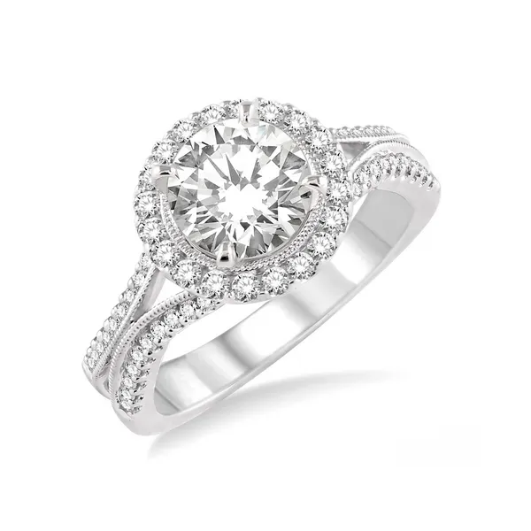 Diamond Halo Engagement Ring with Split Shank and Milgrain Detail in 14K White Gold Legacy Diamond & Gems Sheridan, WY