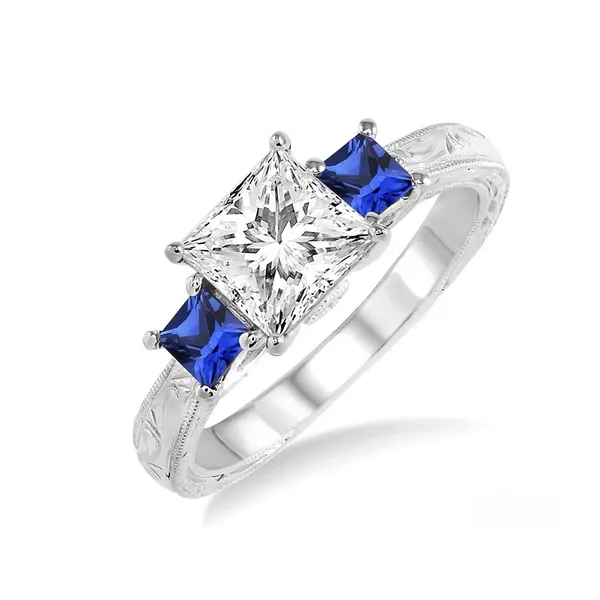 Diamond and Sapphire Prong Set Engagement Ring with Engraving and Milgrain Detail Legacy Diamond & Gems Sheridan, WY