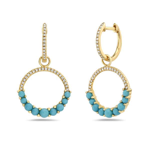 14Kt Yellow Gold Diamond and Turquoise Huggie Hoop Earrings Leitzel's Jewelry Myerstown, PA