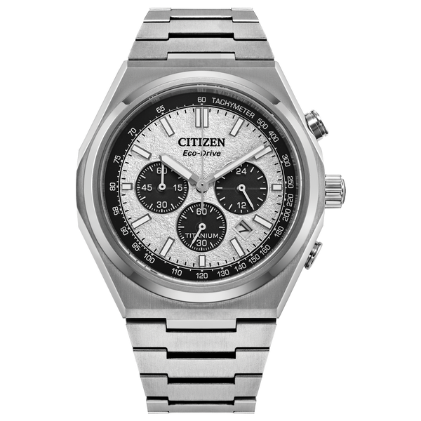 Titanium Citizen Eco-Drive Chronograph Watch with Textured White Dial Leitzel's Jewelry Myerstown, PA