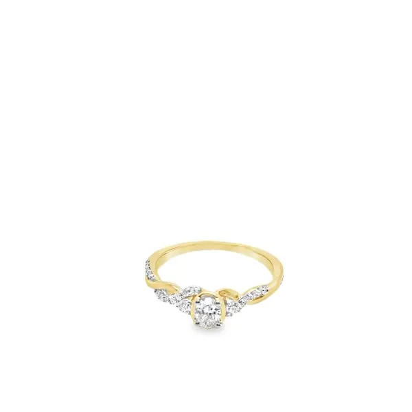 14KT YG ENGAGEMENT RING WITH ONE BEZEL CENTER OVAL DIAMOND .33CTTW WITH 2 ROUND DIAMONDS ON THE SIDE AND ON THE TWISTED BAND .17CTTW Lennon's W.B. Wilcox Jewelers New Hartford, NY
