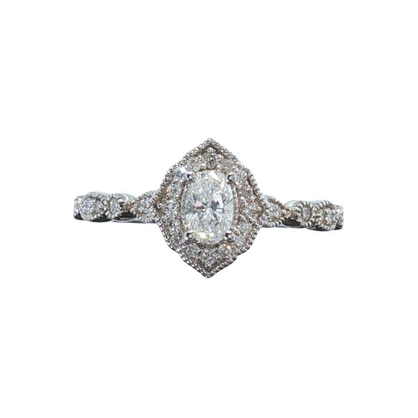 14KW OVAL ENGAGEMENT RING WITH VINTAGE DIAMOND HALO AND DIAMONDS ON BAND<br>TOTAL WEIGHT = 1/2CTTW Image 2 Lennon's W.B. Wilcox Jewelers New Hartford, NY
