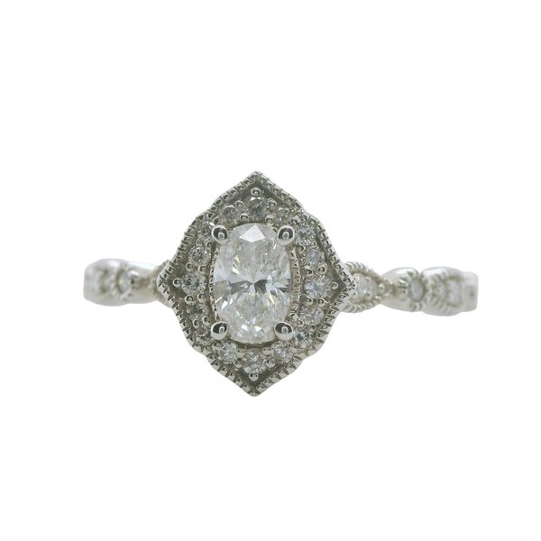 14KW OVAL ENGAGEMENT RING WITH VINTAGE DIAMOND HALO AND DIAMONDS ON BAND<br>TOTAL WEIGHT = 1/2CTTW Lennon's W.B. Wilcox Jewelers New Hartford, NY