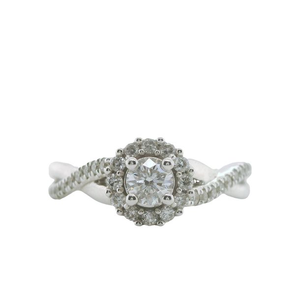14KW DIAMOND ENGAGEMENT RING WITH 1/4CT ROUND CENTER DIAMOND, ROUND DIAMOND HALO AND TWISTED SHANK 1/2 DIAMONDS, 1/2 WG<br>TOTAL WEIGHT 1/2CTTW Lennon's W.B. Wilcox Jewelers New Hartford, NY