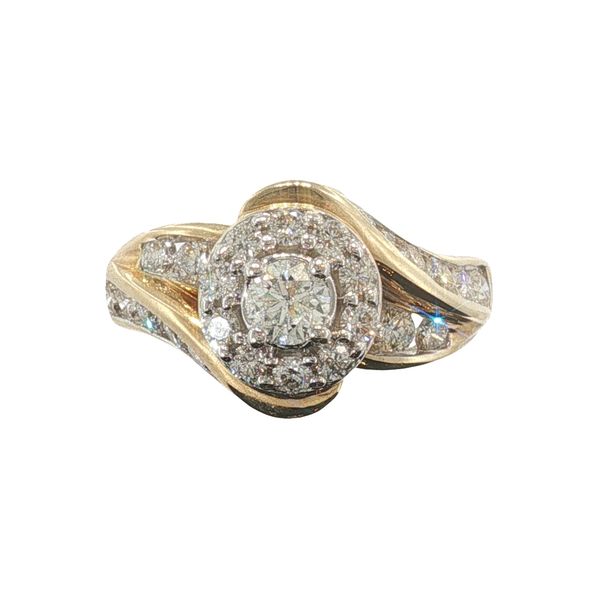 1.5CTTW 14KY ENGAGEMET RING WITH ROUND CENTER DIAMOND, DIAMOND HALO, AND CHANNEL SET 2 ROW SWIRL STYLE BAND Lennon's W.B. Wilcox Jewelers New Hartford, NY