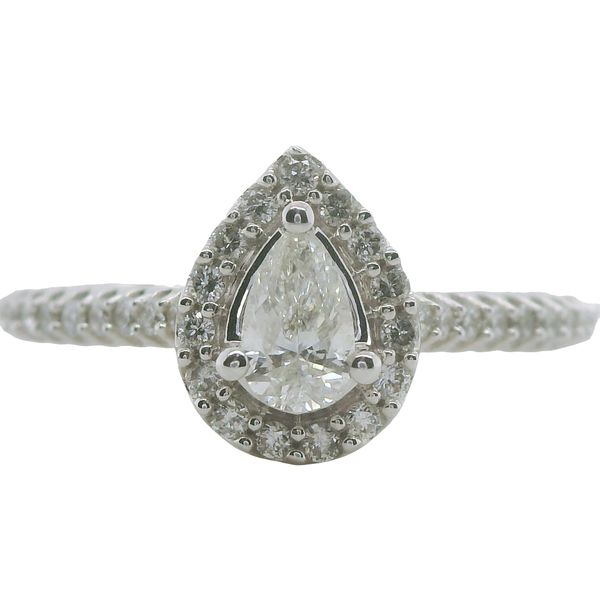 14KT WG DIAMOND ENGAGEMENT RING CONTAINING ONE PEAR DIAMOND .25CT W/ DIAMOND HALO AND ROUND SHARED PRONG DIAMONDS IN THE BAND .50CT Lennon's W.B. Wilcox Jewelers New Hartford, NY