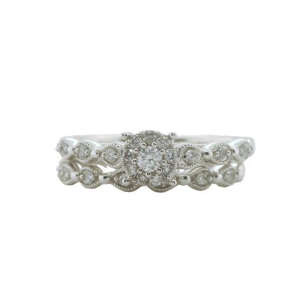 10KW BRIDAL SET 1/5CTTW, ROUND DIAMOND CENTER W/ HALO, ROUND DIAMONDS ON SHANK IN A PEAR MILGRAIN DESIGN, MATCHING WB Lennon's W.B. Wilcox Jewelers New Hartford, NY