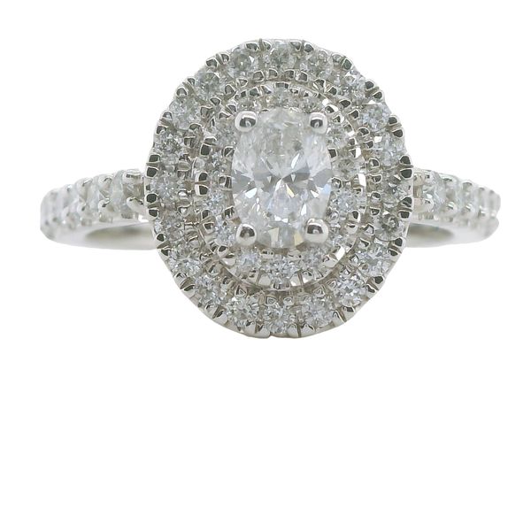 14KW 3/8CT OVAL CENTER WITH 2 ROW DIAMOND HALO AND DIAMONDS ON SHANK <br>TOTAL WEIGHT = 1CTTW Lennon's W.B. Wilcox Jewelers New Hartford, NY