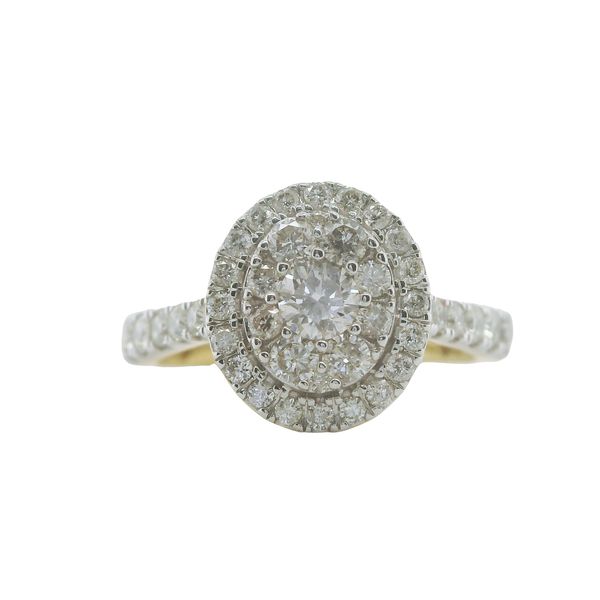 14KY ENGAGEMENT RING WITH ROUND CENTER DIAMOND, DOUBLE ROW HALO IN AN OVAL SHAPE, AND ROUND DIAMONDS ON SHANK<br>TOTAL WEIGHT=1CTTW Lennon's W.B. Wilcox Jewelers New Hartford, NY