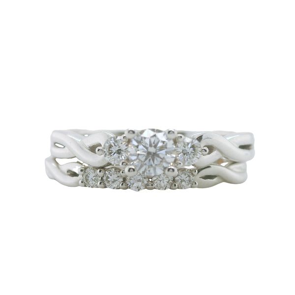 14KW 3 STONE ENGAGEMENT RING WITH TWISTED INFINITY BAND & MATCHING 5 DIAMOND WB, TOTAL WEIGHT = .50CTTW Lennon's W.B. Wilcox Jewelers New Hartford, NY