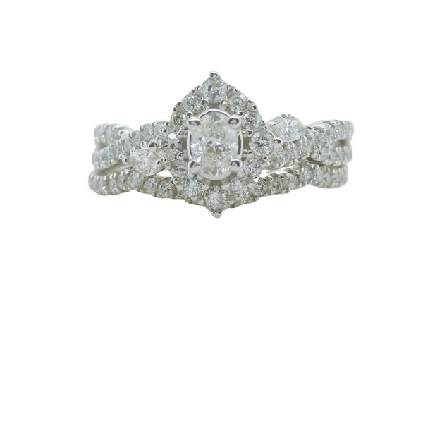 10KW OVAL ENGAGEMENT RING WITH DIAMOND VINTAGE HALO & TWISTED DIAMONDS ON BAND, MATCHING CURVED WB<br>TOTAL WEIGHT = .75CTTW Lennon's W.B. Wilcox Jewelers New Hartford, NY