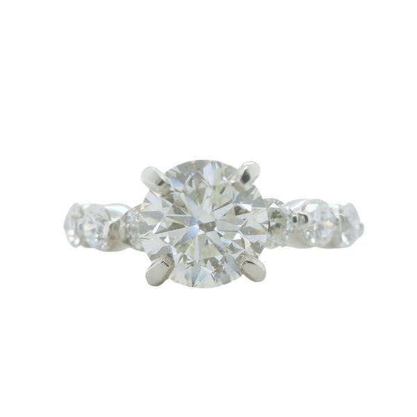 PLATINUM ENGAGEMENT RING WITH ONE 2.03CT ROUND I/J SI2 NATURAL DIAMOND <br>SEMI-MOUNT CONTAINS 22 ROUND DIAMONDS ON SHANK AND HIDDEN HALO TOTALING .72CT<br>TOTAL WEIGHT = 2.75CTTW Lennon's W.B. Wilcox Jewelers New Hartford, NY