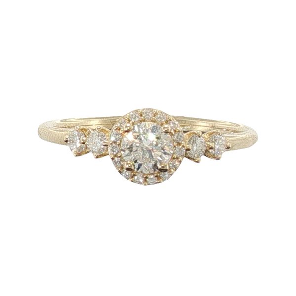 LDS 14K YG ENGAGEMENT RING WITH DIAMOND HALO SURROUNDING RBC CENTER AND 4 DIAMONDS IN SHANK  DIAS = .50 CTTW Image 2 Lennon's W.B. Wilcox Jewelers New Hartford, NY