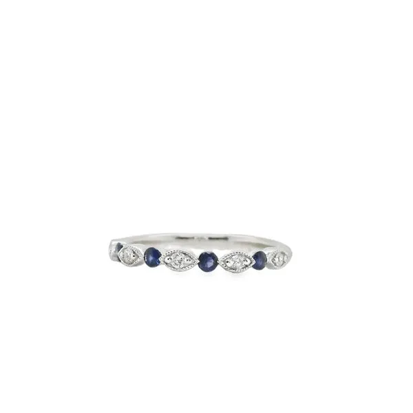 14K WG DIAMOND AND SAPPHIRE WED BAND. DIAS SET IN MARQUIS SHAPE WITH BEADED EDGE, SINGLE PRONG .10TW Lennon's W.B. Wilcox Jewelers New Hartford, NY