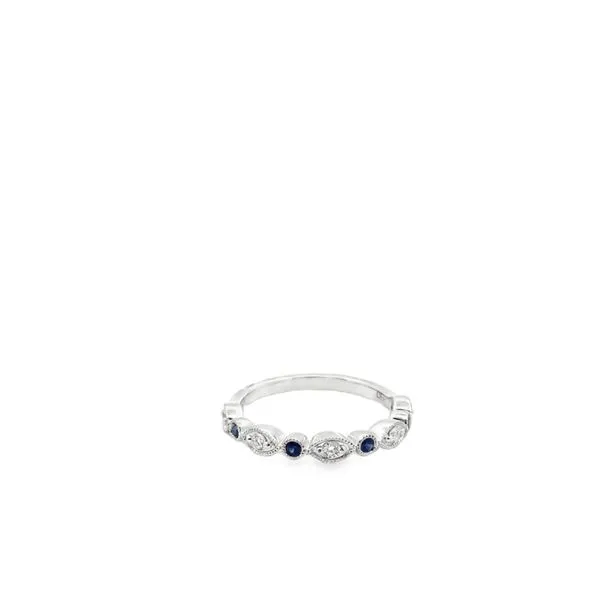 14KT WG BAND CONTAINING ROUND DIAMONDS BEAD SET INTO MARQUISE SHAPED SETTING WITH ROUND SAPPHIRES BEZEL SET WITH MILGRAIN EDGE Lennon's W.B. Wilcox Jewelers New Hartford, NY