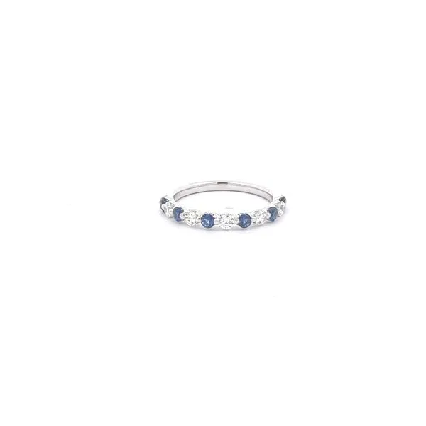 14K WHITE GOLD WEDDING BAND WITH ALTERNATING ROUND DIAMONDS  AND ROUND SAPPHIRES  Lennon's W.B. Wilcox Jewelers New Hartford, NY