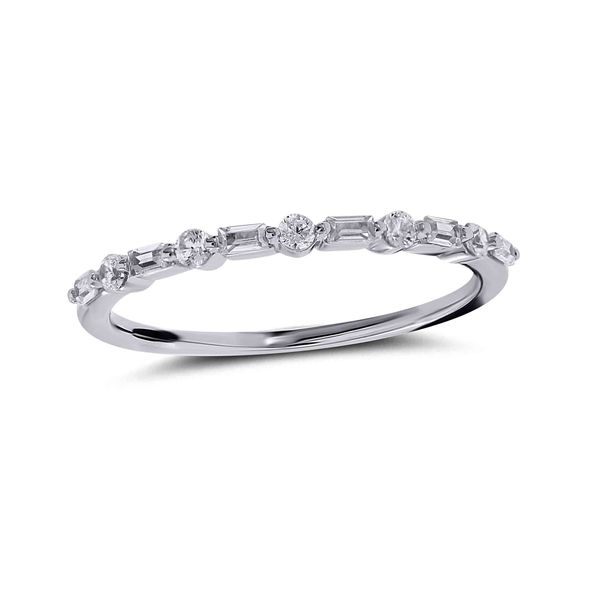 14kt white gold wedding band alternating 5 round diamonds and 6 emerald cut .25 cttw Lennon's W.B. Wilcox Jewelers New Hartford, NY