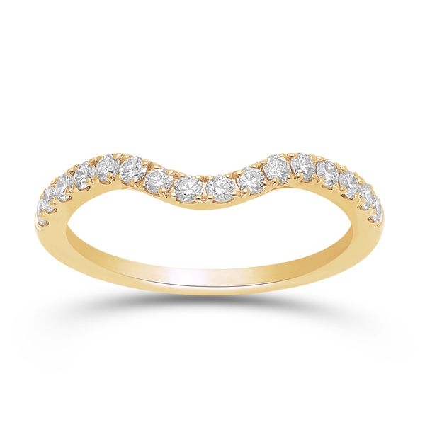 14KT YG CURVED WEDDING BAND CONTAINING ROUND SHARED PRONG DIAMONDS .34CTTW Lennon's W.B. Wilcox Jewelers New Hartford, NY