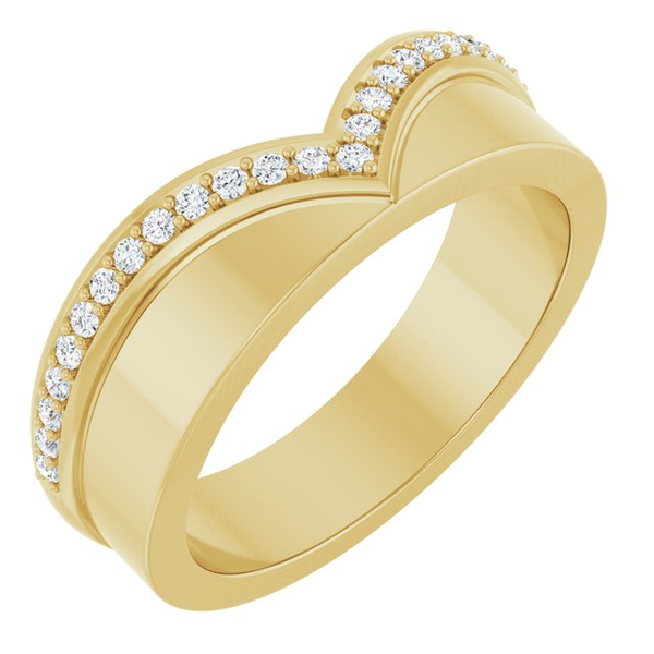 14K YG POLISHED GOLD "V" BAND WITH PRONG SET DIAMONDS IN CHANNEL ALONG EDGE  .17 CTTW Lennon's W.B. Wilcox Jewelers New Hartford, NY