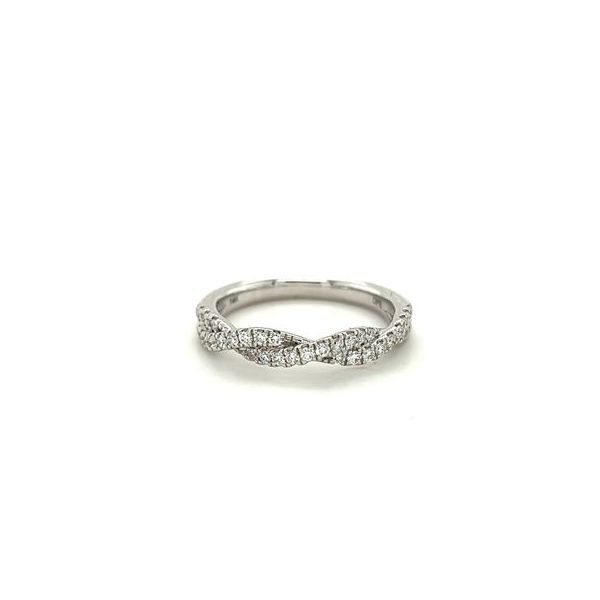 14KT WG TWISTED WEDDING BAND CONTAINING ROUND PRONG SET DIAMONDS .38CTTW  G/VS2 Lennon's W.B. Wilcox Jewelers New Hartford, NY