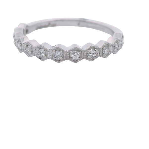 14K WG 12 STONE DIAMOND BAND WITH ROUND STONES SET IN 4 PRONGS AND MILGRAIN HEXAGONAL TRIM AROUND EACH  .15 CTTW Lennon's W.B. Wilcox Jewelers New Hartford, NY