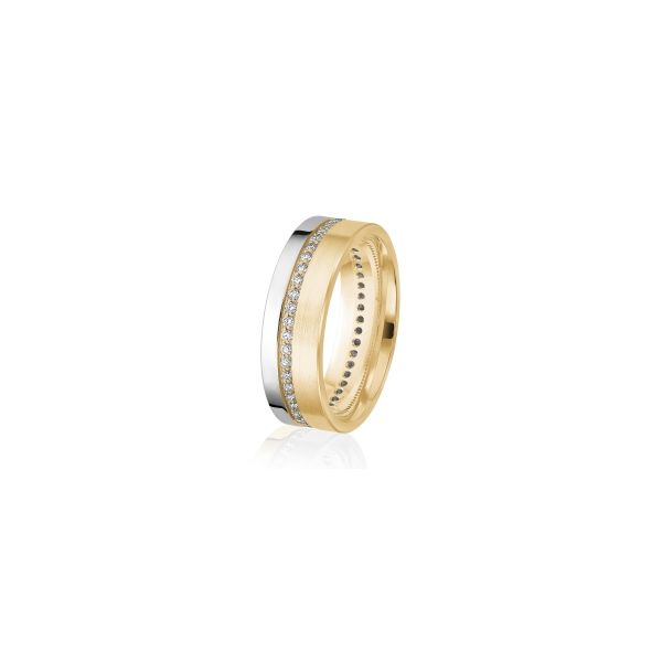 14KT TT WEDDING BAND WITH A ROW OF 47 ROUND DIAMONDS IN BETWEEN SATIN YG AND WG Lennon's W.B. Wilcox Jewelers New Hartford, NY