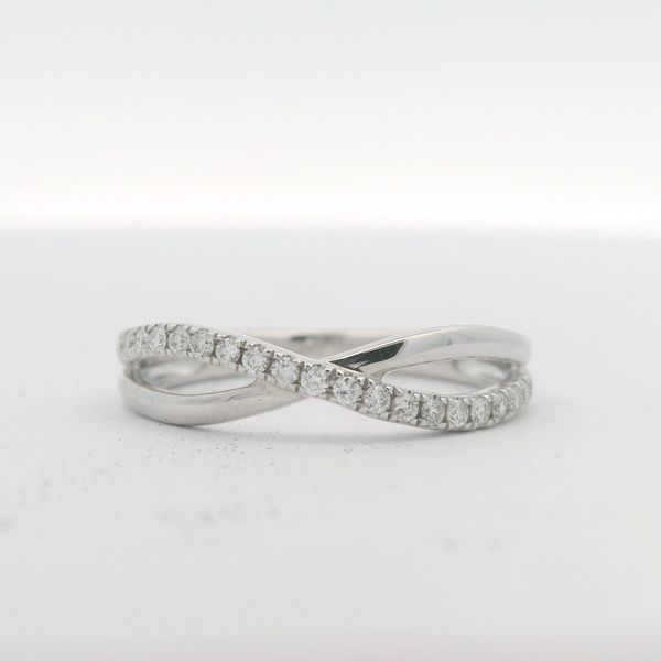 14KT W/G PRONG SET DIAMOND CRISCROSS BAND WITH 26 ROUND DIAMONDS = .20 CTTW G/H SI2 Lennon's W.B. Wilcox Jewelers New Hartford, NY