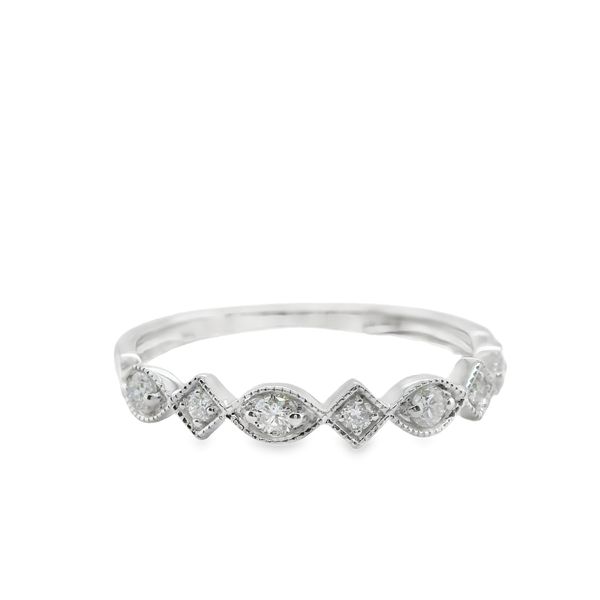 10KT WG STACKABLE BAND CONTAINING ROUND DIAMONDS SET IN ALTERNATING MARQUISE AND DIAMOND SHAPED SETTING W/ MILGRAIN EDGE .20CTTW Lennon's W.B. Wilcox Jewelers New Hartford, NY