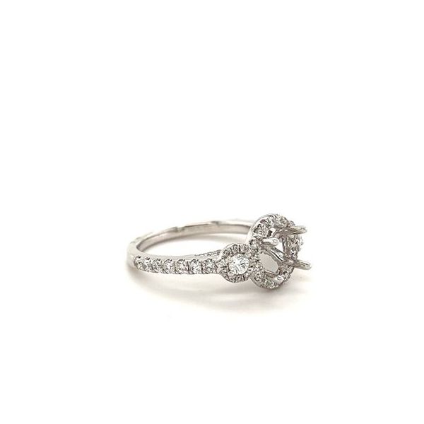 14KT WG SEMI MOUNT W/ ROUND DIAMOND HALO AND 2 ROUND DIAMONDS ON EACH SIDE WITH DIAMOND HALOS AND DIAMONDS IN BAND AS WELL AS PAVE SET DIAMONDS UNDER HALO .82CTTW Image 2 Lennon's W.B. Wilcox Jewelers New Hartford, NY