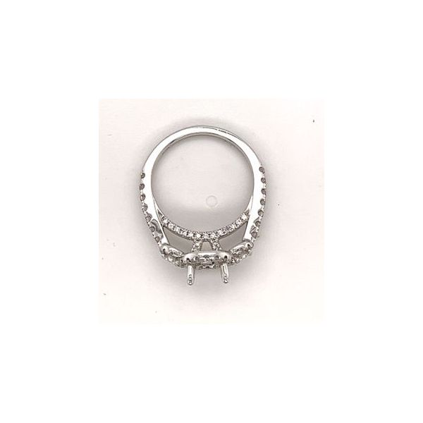 14KT WG SEMI MOUNT W/ ROUND DIAMOND HALO AND 2 ROUND DIAMONDS ON EACH SIDE WITH DIAMOND HALOS AND DIAMONDS IN BAND AS WELL AS PAVE SET DIAMONDS UNDER HALO .82CTTW Image 3 Lennon's W.B. Wilcox Jewelers New Hartford, NY