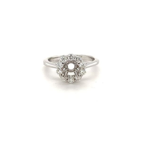 14KT WG SEMI MOUNT WITH HALO CONTAINING ROUND SHARED PRONG DIAMONDS .50CTTW Lennon's W.B. Wilcox Jewelers New Hartford, NY