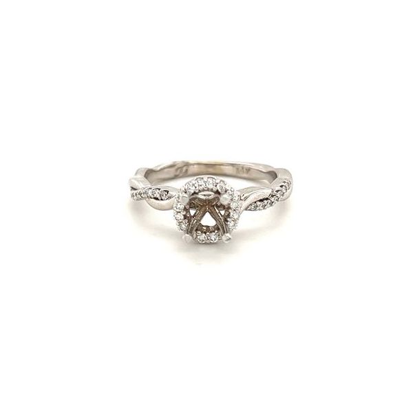 14KT WG SEMI MOUNT WITH TWISTED SHANK CONTAINING ROUND DIAMONDS AND A ROUND HALO CONTAINING ROUND DIAMONDS .20CTTW Lennon's W.B. Wilcox Jewelers New Hartford, NY